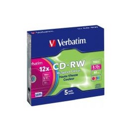 Verbatim CD-RW, 80min./700MB, Speed 12x, Colour, Slimcase, doosje à 5 stuks