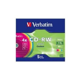 Verbatim CD-RW, 80min./700MB, Speed 4x, Colour, Slimcase, doosje à 5 stuks