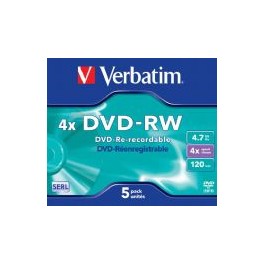 Verbatim DVD-RW, 4,7GB/120minutes, Speed 4x, Scratch Resistant Surface, Jewelcase, doosje à 5 stuks