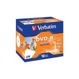 Verbatim DVD-R, 4,7GB/120minutes, Speed 16x, Wide Inkjet Printable, Jewelcase, doosje à 10 stuks