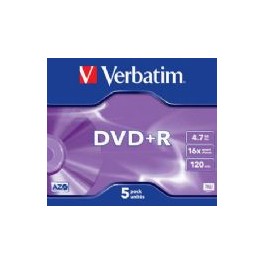 Verbatim DVD+R, 4,7GB/120minutes, Speed 16x, Scratch Resistant Surface, Jewelcase, doosje à 5 stuks